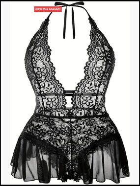 Plus Size Lace Bodysuit Sexy Halter V Neck Teddy Lingerie